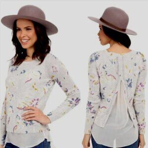 Lucky Brand Floral Layered Knit Top Embroidered Split Back S #56D